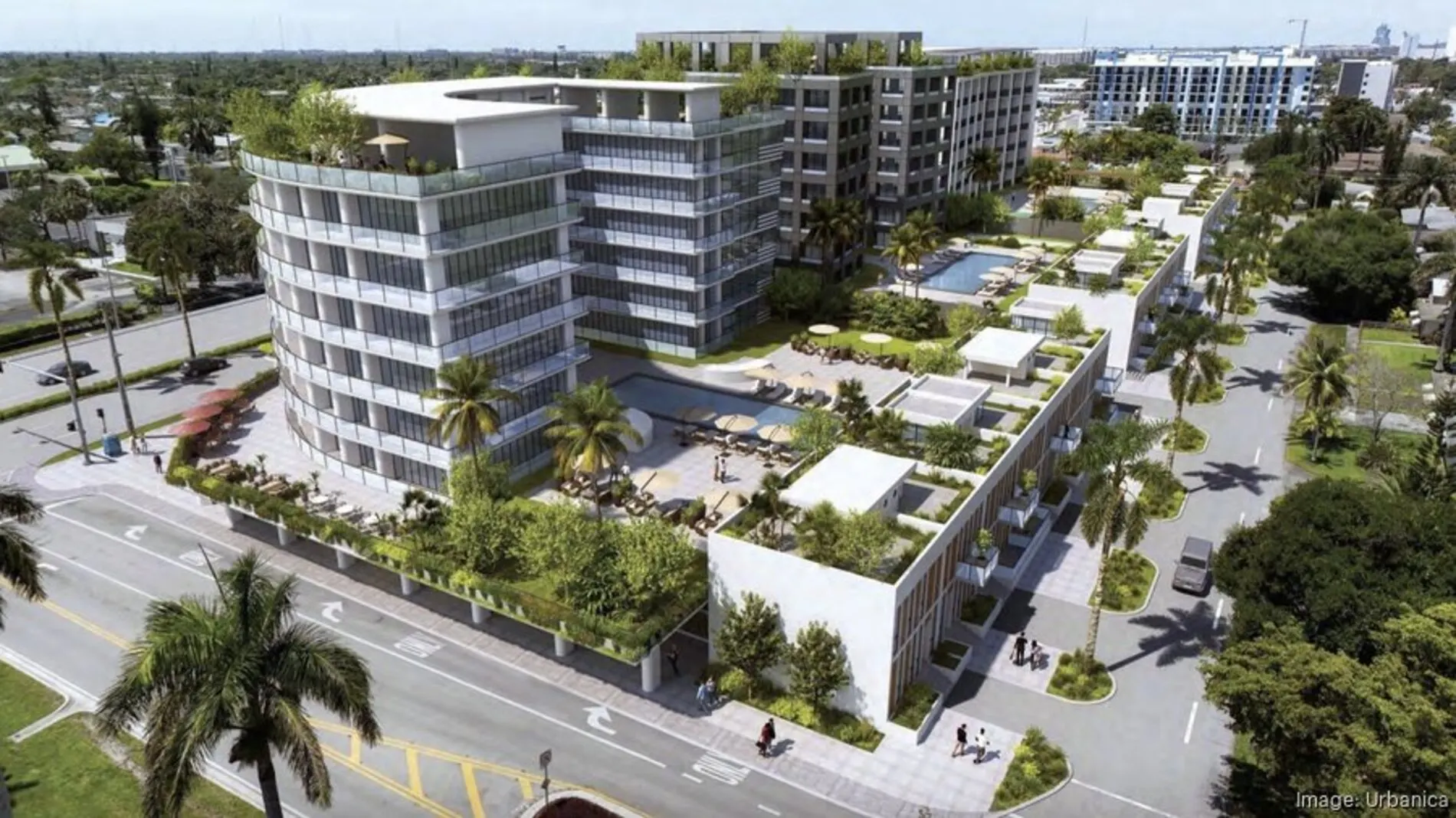 Aerial rendering of proposed mixed-use development in Dania Beach featuring condo-hotel towers. 